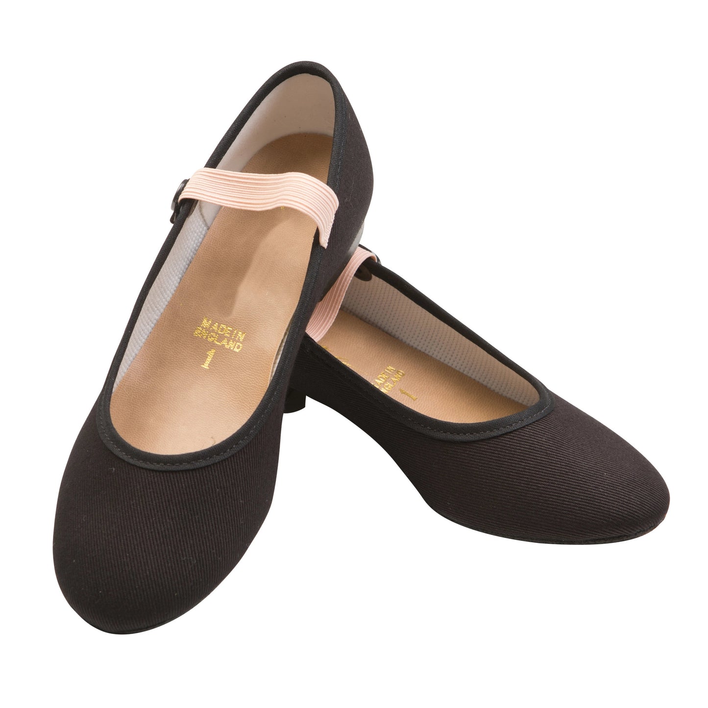 Black low-heeled character shoes with elastic