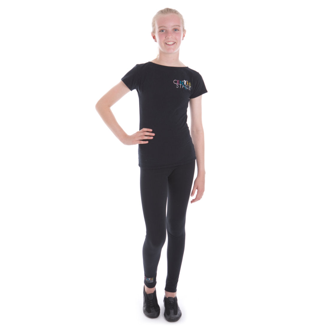 Girls – Black capped-sleeved school logo fitted top