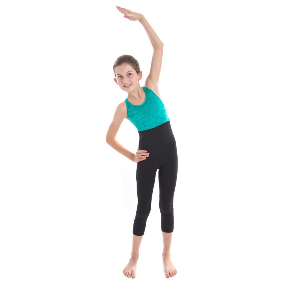 Girls – Jade green velour and black cotton all-in-one