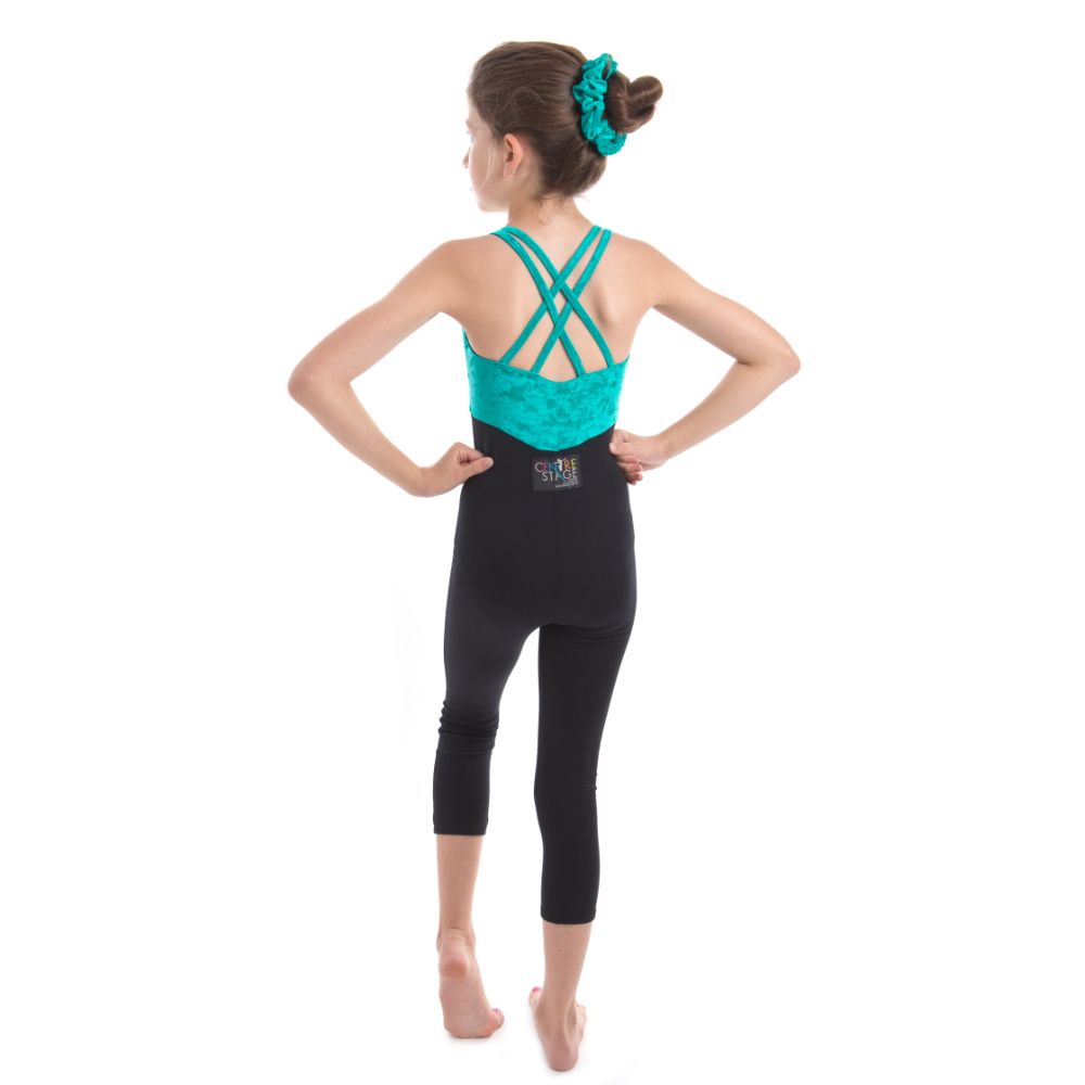 Girls – Jade green velour and black cotton all-in-one