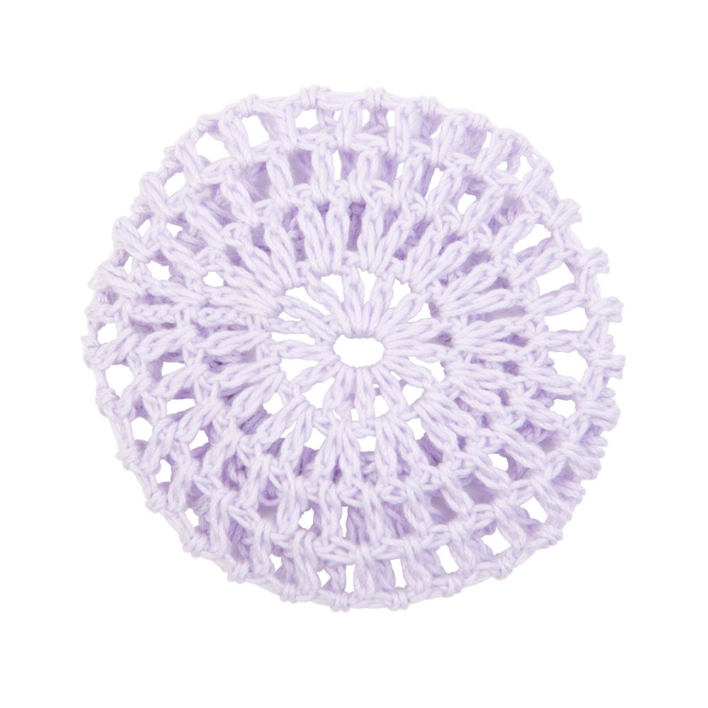Long hair – in a ballet bun (grips and hair net) with lilac bun snood