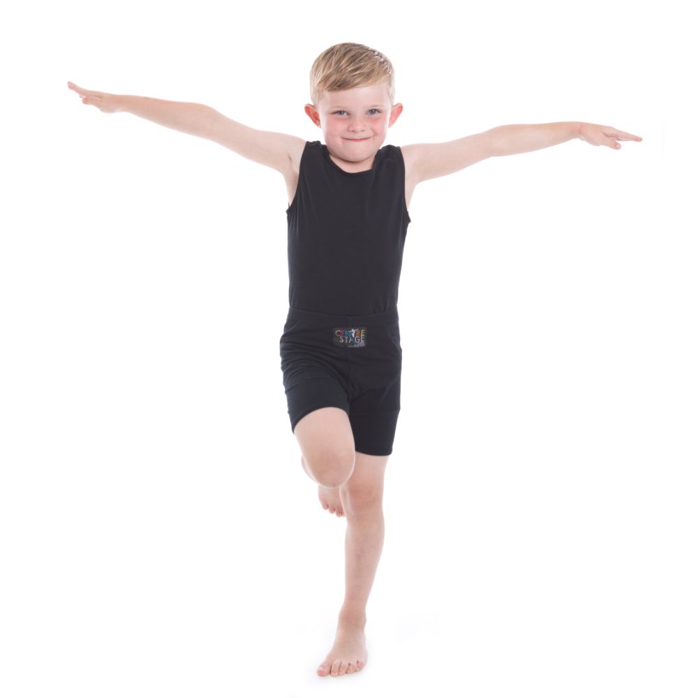 Boys - Black (tight-fitting) shorts and black Centre Stage vest