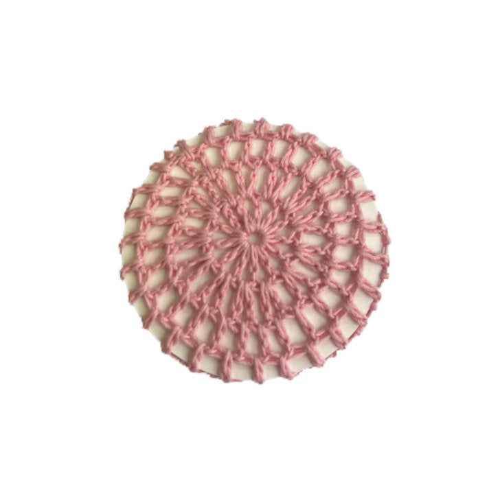 Long hair – in a ballet bun (grips and hair net) with pink bun snood