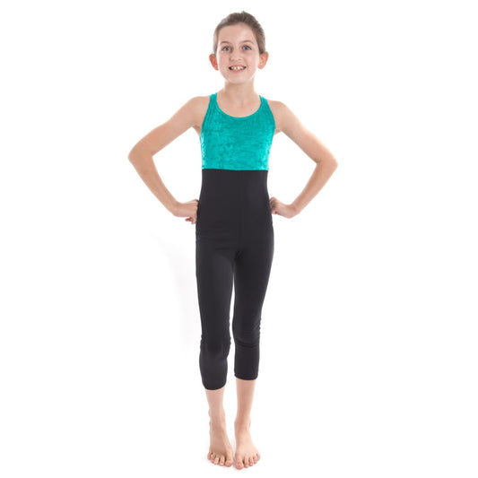 Girls – Jade green velour and black cotton all-in-one
