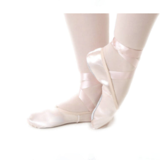 Pink split-sole satin ballet shoes with ribbons or canvas split-sole ballet shoes with elastic